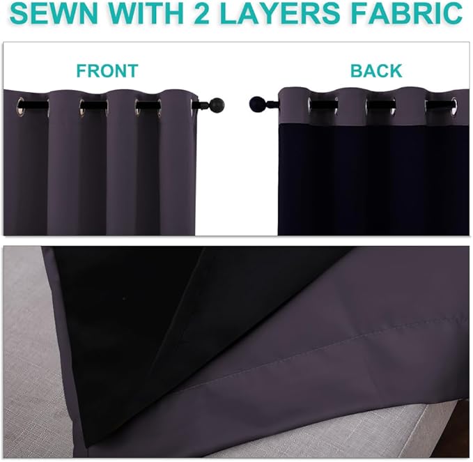NICETOWN 100% Blackout Lined Curtains, Greyish Purple, 1 Pair, 70" Width x 63" Length Each Panel, 2 Thick Layers Completely Blackout Window Treatment Thermal Insulated Drapes for Kitchen/Bedroom