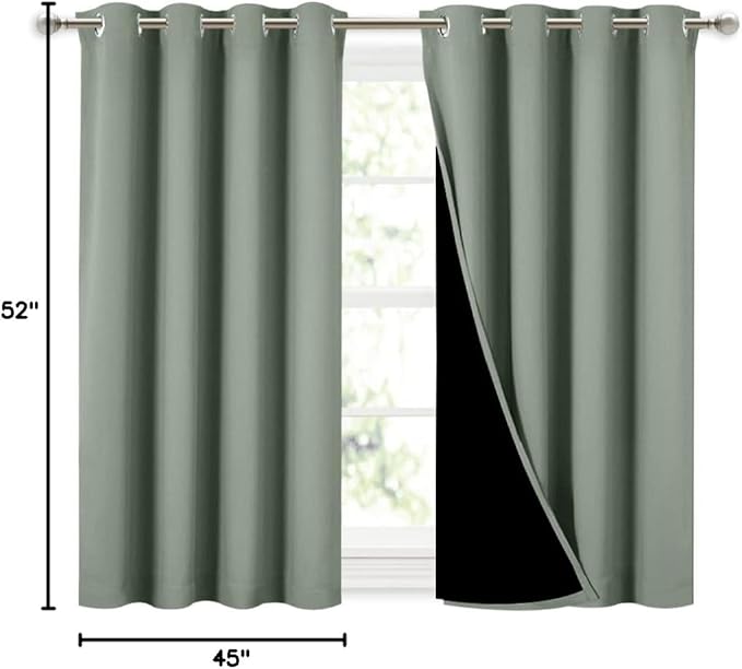 NICETOWN Greyish Green 100% Blackout Curtains 45 inches Long, 2 Thick Layers Completely Blackout Window Treatment Thermal Insulated Lined Drapes for Small Window (1 Pair, 52 inches Width Each Panel)
