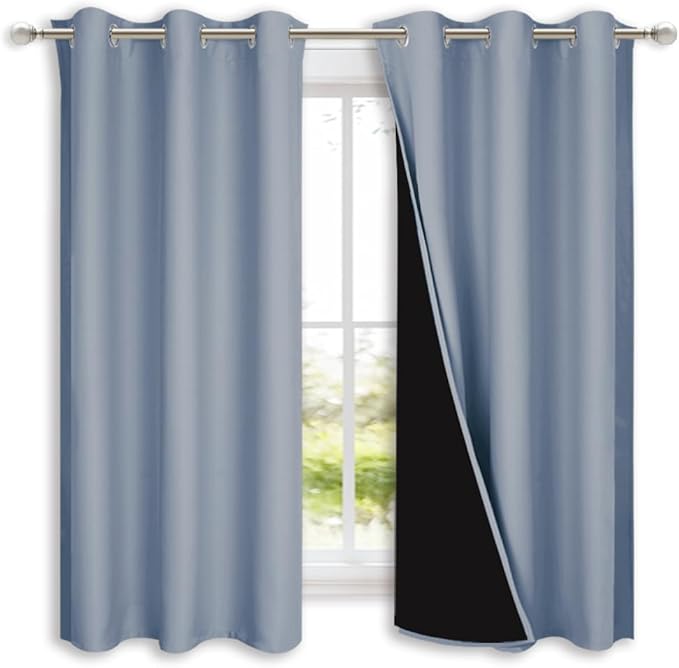 NICETOWN 100% Blackout Curtains 45 inches Long, 1 Pair, 42 inches Width Each Panel, Vintage Blue, 2 Thick Layers Completely Blackout Window Treatment Thermal Insulated Lined Drapes for Small Window