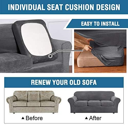 H.VERSAILTEX Rich Velvet Stretch 2 Piece Cover Chair Slipcover Sofa Cover Furniture Protector Couch Soft with Elastic Bottom Chair Couch Cover with Arms Width Up to 49 Inch(Chair,Grey)
