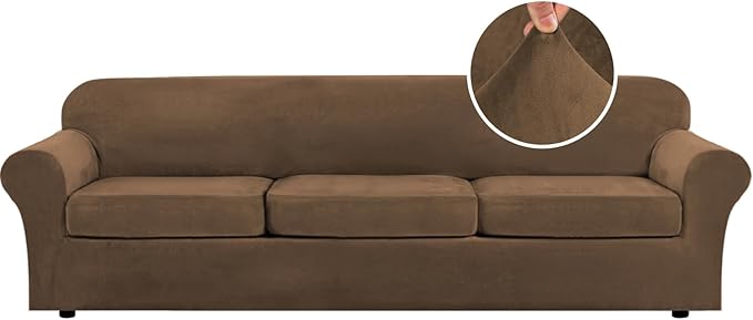 H.VERSAILTEX Modern Velvet Plush 4 Piece High Stretch Sofa Slipcover Furniture Protector Form Fit Velvet Extra Large Sofa Cover for 3 Cushion Couch Width Up to 105 Inch (XL Sofa, Bronze Brown)