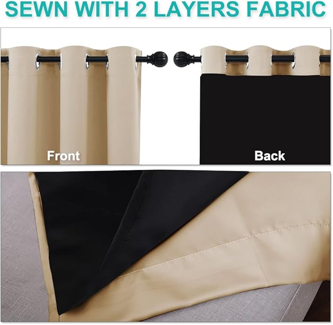 NICETOWN Bedroom Full Blackout Curtain Panels, Set of 2 Pcs, 37 by 60-inch, Biscotti Beige, Super Thick Insulated Grommet Drapes, Double-Layer Blackout Draperies with Black Liner for Small Window