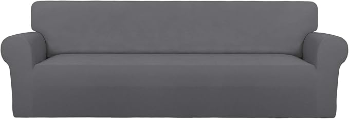 PureFit Super Stretch 4 Seater Sofa Slipcover – Spandex Non Slip Soft Couch Sofa Cover, Washable Furniture Protector with Non Skid Foam and Elastic Bottom for Kids, Pets （XX Large, Gray）