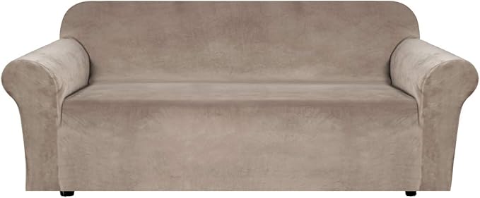 H.VERSAILTEX Stretch Velvet Sofa Covers for 3 Cushion Couch Covers Sofa Slipcovers Furniture Protector Soft with Non Slip Elastic Bottom, Crafted from Thick Comfy Rich Velour (Sofa 72"-90", Taupe)