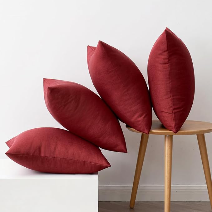 MIULEE Pack of 4 Decorative Solid Waterproof Throw Pillow Covers Linen Garden Farmhouse Cushion Cases for Outdoor Patio Tent Balcony Couch Sofa 16x16 inch Burgundy