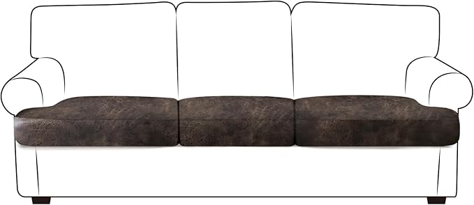 Leather Look Couch Cushion Covers Sofa Seat Slipcovers Sets Couches Furniture Protector for Sectional Armchair Loveseat Pets Kids Stretch Spandex Fabric (3 T-Cushion Sofa, Brown)
