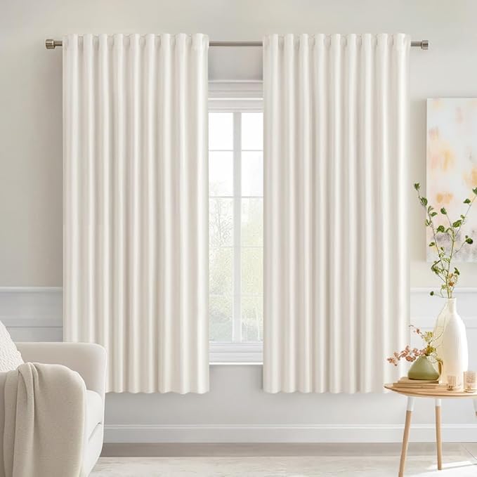 MIULEE Ivory Back Tab Blackout Curtains 63 Inch Length 2 Panels Set for Living Room Bedroom Privacy, Rod Pocket/Pinch Pleat Thermal Insulated Room Darkening Pleated Light Blocking Drapes