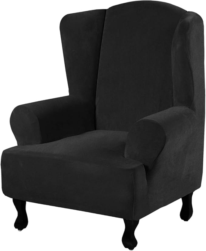 H.VERSAILTEX Wingback Chair Covers Velvet Plush Wing Chair Slipcover 1 Piece High Stretch Wing Back Chair Slipcovers Sofa Cover Furniture Cover with Elastic Bottom, Black