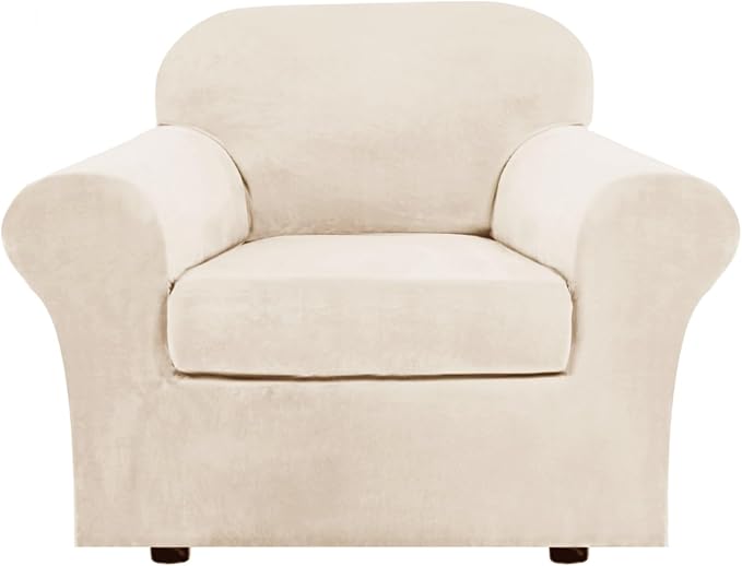 H.VERSAILTEX Rich Velvet Stretch 2 Piece Cover Chair Slipcover Sofa Cover Furniture Protector Couch Soft with Elastic Bottom Couch Cover Width Up to 49 Inch 85% Polyester 15% Spandex (Chair, Cream)