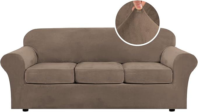 H.VERSAILTEX Modern Velvet Plush 4 Piece High Stretch Sofa Slipcover Sofa Cover Furniture Protector Form Fit Thick Velvet Sofa Cover for 3 Cushion Couch Width Up to 90 Inch (Sofa, Mocha)