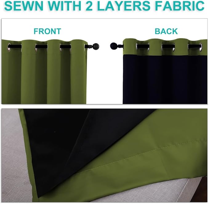 NICETOWN 100% Blackout Short Curtains with Black Liners, 2 Panels, 37" W by 63" L, Olive Green, Solid Thermal Insulated Full Blackout 2-Layer Lined Drapes, Energy Efficiency Window Drapes for Bedroom