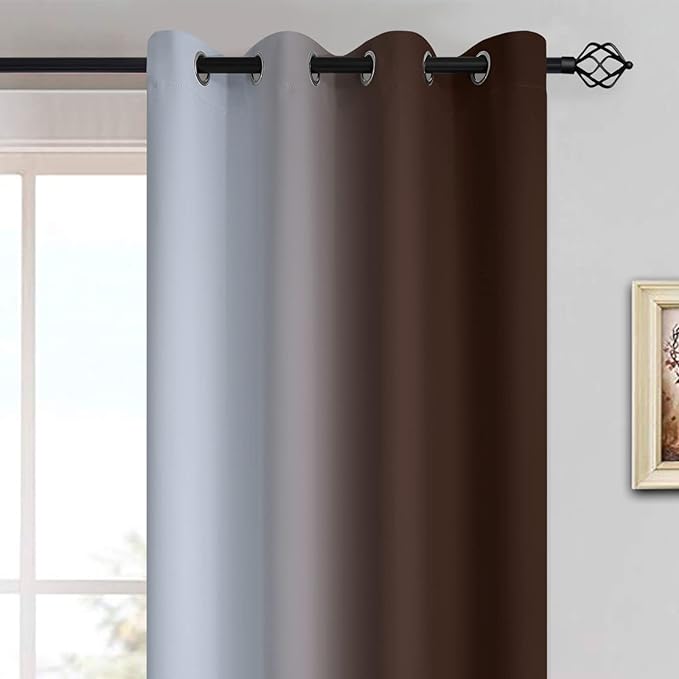 Yakamok Room Darkening Thickening Polyester Gradient Color Ombre Curtains with Grommet, Thermal Insulated Window Drapes for Living Room/Bedroom (Brown and Greyish White, 2 Panels, 52x72 Inch)