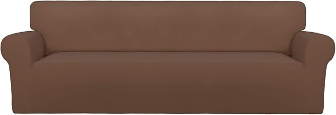 PureFit Super Stretch 4 Seater Sofa Slipcover – Spandex Non Slip Soft Couch Sofa Cover, Washable Furniture Protector with Non Skid Foam and Elastic Bottom for Kids, Pets （XX Large, Brown）