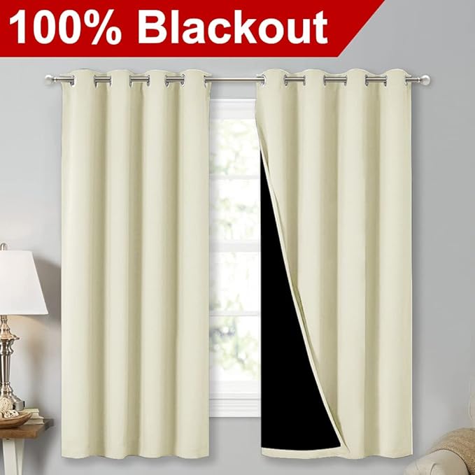 NICETOWN 100% Blackout Blinds, Set of 2, 46" x 45", Beige, Laundry Room Decor Window Treatment Curtains for Large Patio Sliding Door, Thermal Insulated Curtains for Bedroom