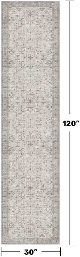 Hazo Haus Light Gray Washable 2'6"x10' Wide Hallway Runners, Kitchen Runner Rug, Non-Slip & Stain Resistant 10ft Long Floor Rug, Neutral Boho Floral Décor