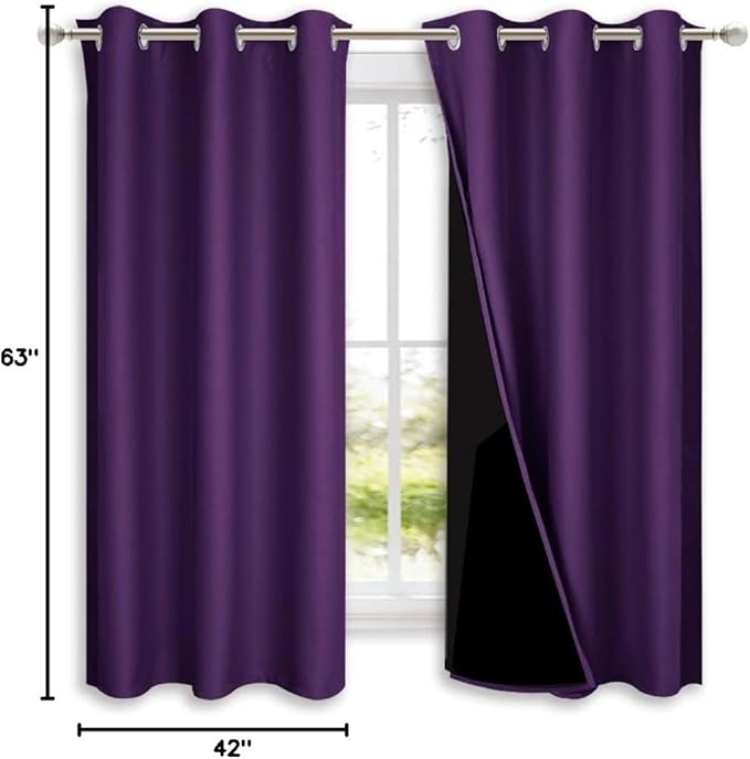 NICETOWN Room Warming 100% Blackout Curtain Panels, Black Liner Curtains for Kitchen Room, Noise Reducing and Cold Blocking Drapes for Windows (Set of 2, Royal Purple, 42-inch Wide by 63-inch Long)
