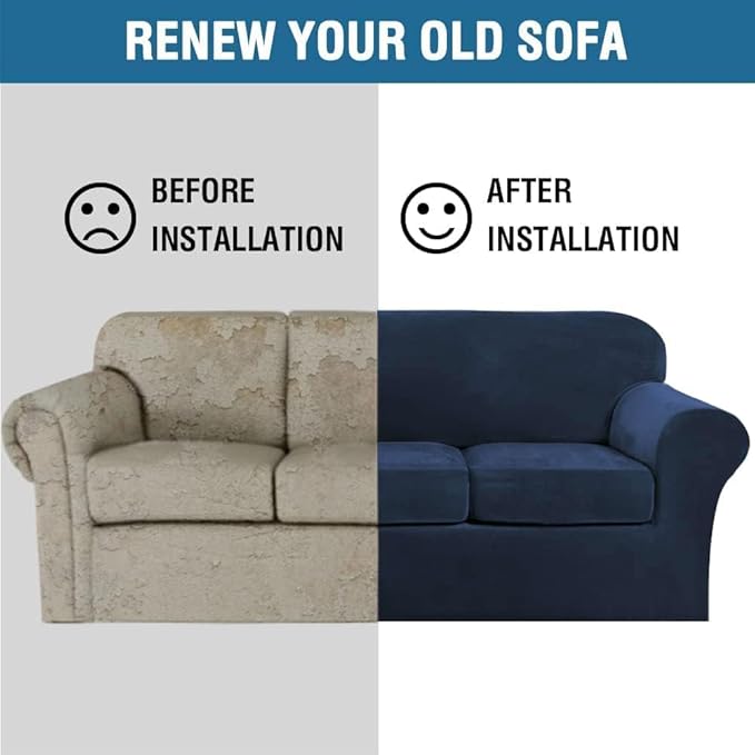 H.VERSAILTEX High Stretch Sofa Slipcover 4 Piece Cover Velvet Furniture Protector Form Fit Thick Velvet Extra Large Sofa Cover for 3 Cushion Couch Width Up to 97 Inch (Large Sofa, Navy)