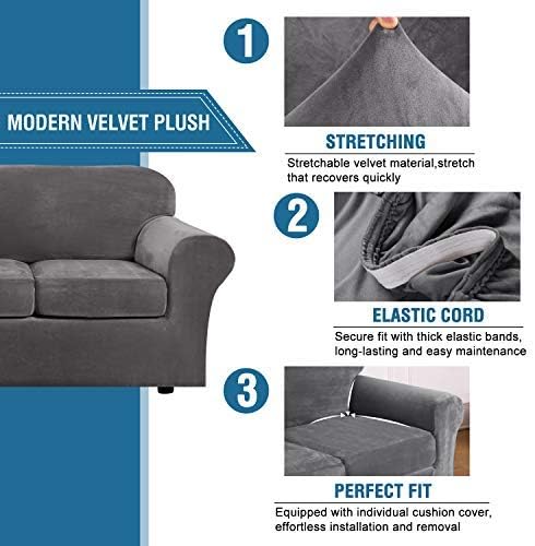 H.VERSAILTEX 4 Pieces Thick Velvet Sofa Covers Couch Covers for 3 Cushion Couch Sofa High Stretch Slipcovers Furniture Protector Form Fit Luxury Couch Cover for Dogs Width Up to 90 Inch(Sofa,Grey)