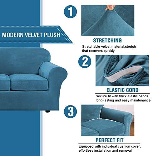H.VERSAILTEX Velvet 4 Piece High Stretch Sofa Slipcover Cover Furniture Protector Form Fit Thick Velvet Extra Large Sofa Cover for 3 Cushion Couch Width Up to 105 Inch (XL Sofa, Peacock Blue)