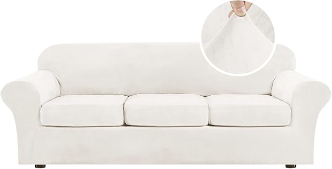 H.VERSAILTEX High Stretch Sofa Slipcover 4 Piece Cover Velvet Furniture Protector Form Fit Thick Velvet Extra Large Sofa Cover for 3 Cushion Couch Width Up to 97 Inch (Large Sofa, Porcelain White)