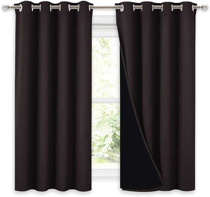 NICETOWN Truly Blackout Curtains 54 inches Length, 2 Thick Layers Completely Blackout Window Treatment Thermal Insulated Lined Drapes for Basement Window (Brown, 1 Pair, 52 inches Width Each Panel)