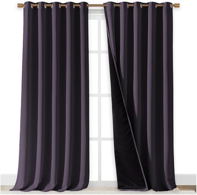 NICETOWN Full Shading Curtains for Windows, Greyish Purple, Pack of 2, 70 inches W x 95 inches L, Super Heavy-Duty Black Lined Blackout Curtains for Bedroom, Privacy Assured Window Treatment