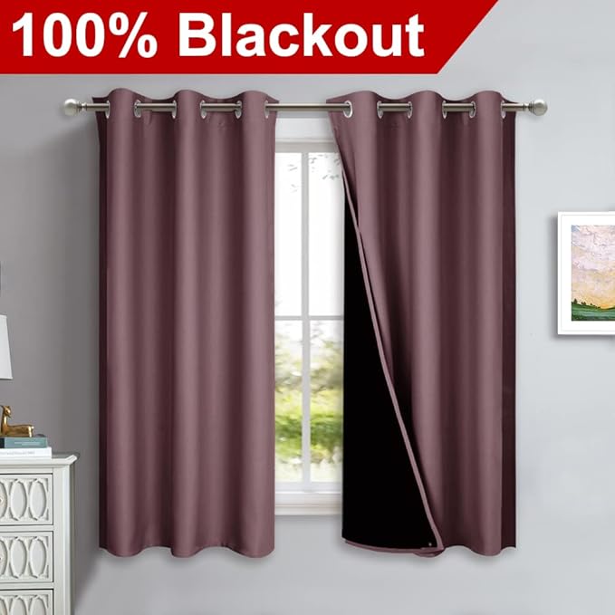 NICETOWN Dry Rose 100% Blackout Lined Curtains, 2 Thick Layers Completely Blackout Window Treatment Panels Thermal Insulated Drapes for Kitchen (1 Pair, 42" Width x 63" Length Each Panel)