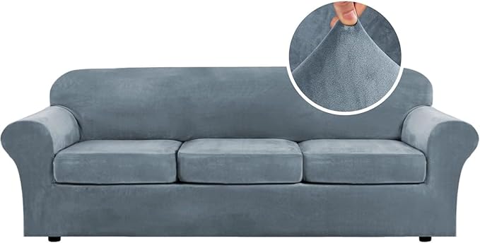 H.VERSAILTEX High Stretch Sofa Slipcover 4 Piece Cover Velvet Furniture Protector Form Fit Thick Velvet Extra Large Sofa Cover for 3 Cushion Couch Width Up to 97 Inch (Large Sofa, Stone Blue)