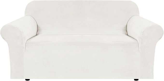 H.VERSAILTEX Stretch Velvet Loveseat Covers for 2 Cushion Couch Covers for Living Room Sofa Covers Slipcovers with Non Slip Straps Bottom, Ultra Thick Comfy Velour (Width 58"-72", Porcelain White)