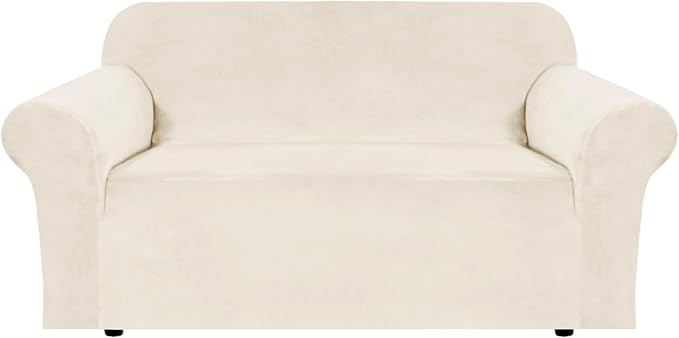 H.VERSAILTEX Stretch Velvet Loveseat Covers for 2 Cushion Couch Covers for Living Room Sofa Covers with Non Slip Straps Bottom, Ultra Thick Comfy Velour (Width 58"-72", Cream)