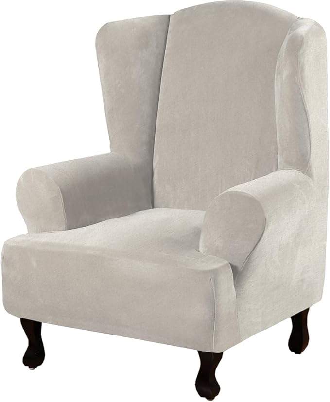 H.VERSAILTEX Wingback Chair Covers Velvet Plush Wing Chair Slipcover 1 Piece High Stretch Wing Back Chair Slipcovers Sofa Cover Furniture Cover with Elastic Bottom, Oatmeal