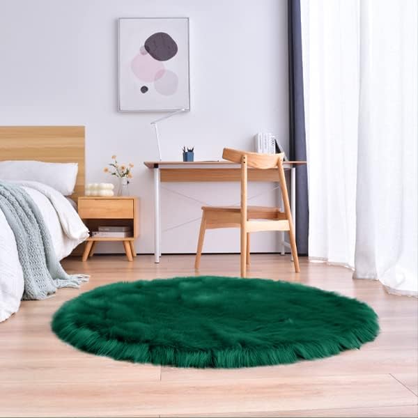 duduta Emerald Green Faux Sheepskin Round Rug 4x4 ft, Fluffy Shag Fur Bedroom Nursery Kids Playroom Circle Rug Dorm Decor Non Slip Washable