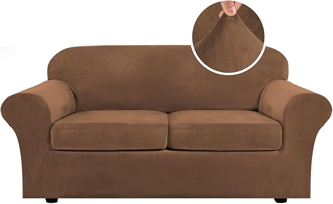 H.VERSAILTEX Real Velvet Plush 3 Piece Stretch Sofa Covers Couch Covers for 2 Cushion Couch Sofa Slipcovers Width Up to 90 Inch Thick Soft Stay in Place (Large Sofa, Caramel)