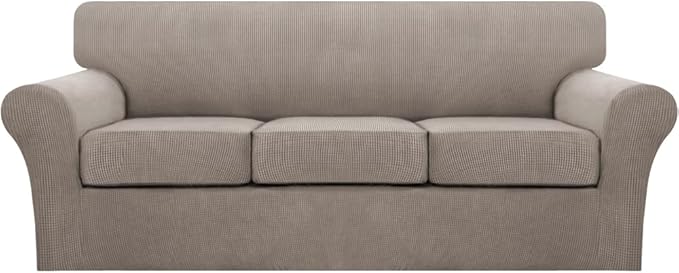 Turquoize 4 Piece Sofa Covers for 3 Cushion Couch Sofa Slipcover Soft Couch Cover for Dogs Washable Furniture Cover with 3 Individual Large Cushion Covers Feature Fabric (Large Sofa, Taupe)