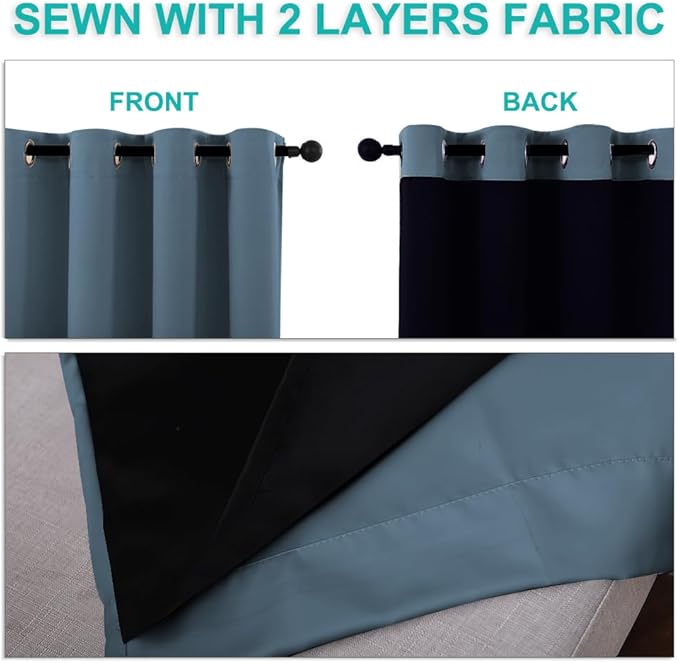 NICETOWN Full Shading Curtains for Windows, Smoky Blue, Pack of 2, 52 inches W x 95 inches L, Super Heavy-Duty Black Lined Blackout Curtains for Bedroom, Privacy Assured Window Treatment
