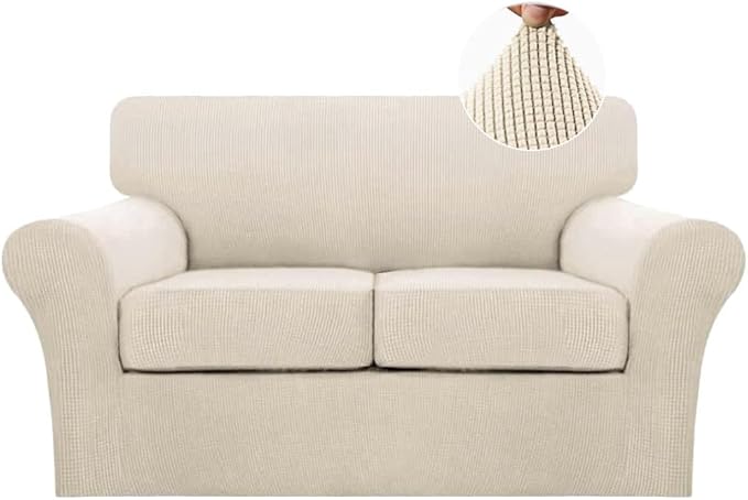 Turquoize 3 Piece Sofa Covers for 2 Cushion Couch Sofa Slipcover Soft Cover for Dogs-Washable Furniture Covers with 2 Individual Cushion Covers, Feature Jacquard Fabric(Loveseat, Biscotti Beige)
