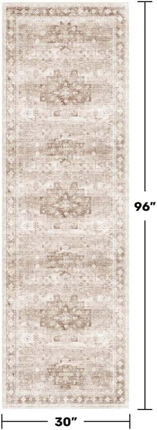 Hazo Haus Beige Washable 2'6"x8' Wide Hallway Runners, Kitchen Runner Rug, Non-Slip & Stain Resistant Long Floor Rug, Neutral Boho Floral Decor (2'6"x8' Beige/Latte)
