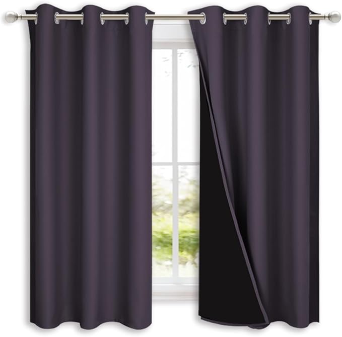 NICETOWN 100% Blackout Curtains 45 inches Long, Greyish Purple, 1 Pair, 42 inches Width Each Panel, 2 Thick Layers Completely Blackout Window Treatment Thermal Insulated Lined Drapes for Small Window