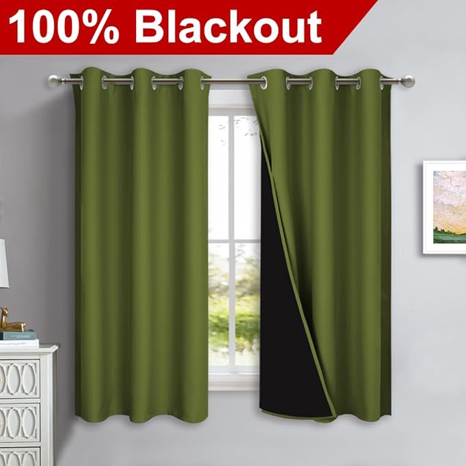 NICETOWN 100% Blackout Short Curtains with Black Liners, 2 Panels, 37" W by 60" L, Olive Green, Solid Thermal Insulated Full Blackout 2-Layer Lined Drapes, Energy Efficiency Window Drapes for Bedroom