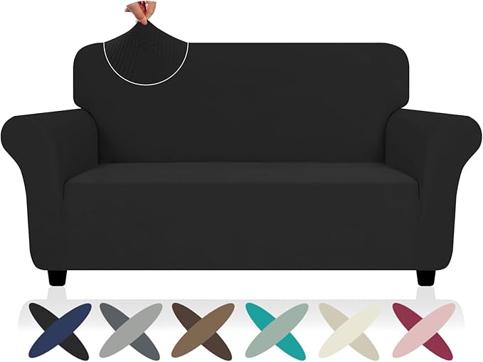 ZNSAYOTX Super Stretch Loveseat Covers (57"-70"), New Striped Love Seat Slipcover, Dogs Pet Friendly Anti-Slip Couch Protector Spandex Durable 2 Seater Fabric Sofa Cover (Black, Loveseat)