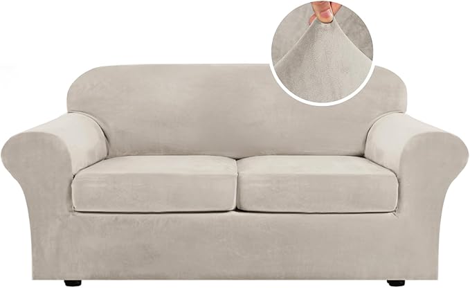 H.VERSAILTEX Real Velvet Plush 3 Piece Stretch Sofa Covers Couch Covers for 2 Cushion Couch Sofa Slipcovers Width Up to 90 Inch Feature Thick Soft Stay in Place (Sofa, French Oak)