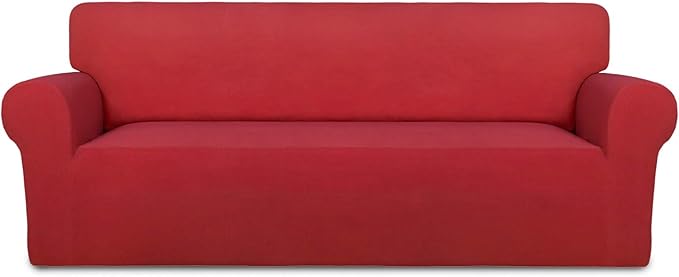 PureFit Super Stretch Sofa Slipcover – Spandex Non Slip Soft Couch Sofa Cover, Washable Furniture Protector with Non Skid Foam and Elastic Bottom for Kids, Pets （Sofa, Red）