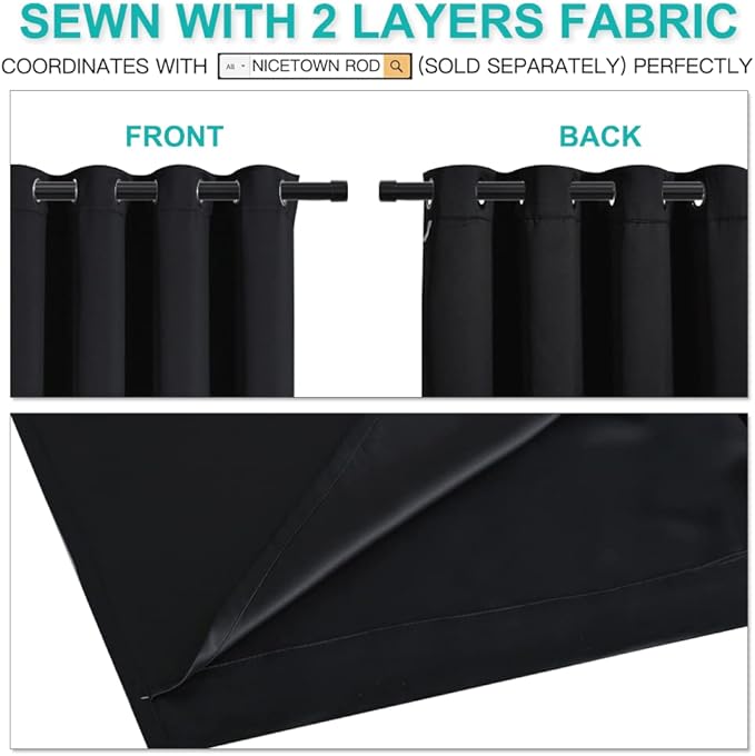 NICETOWN Complete 100% Blackout Curtains, Thermal Insulated Energy Efficiency Window Draperies with Black Liner, Noise Reducing Short Curtains for Kids Room (Black, 52-inch W by 63-inch L, 2 Panels)