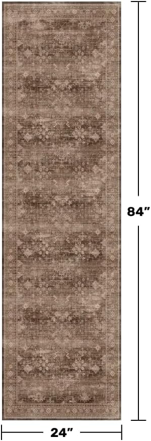 Brown Boho Washable 2x7 Runner Rugs for Hallway Kitchen Bedroom Beside Laundry Room Bathroom Rug, Pet & Kids Friendly, Non Slip Low Pile Stain Resistant Soft Faux Wool Long Dark Earthy Floor Carpet