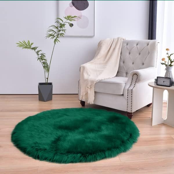 duduta Emerald Green Faux Sheepskin Round Rug 4x4 ft, Fluffy Shag Fur Bedroom Nursery Kids Playroom Circle Rug Dorm Decor Non Slip Washable