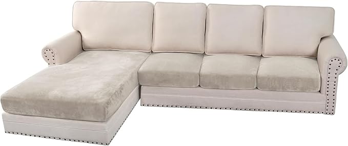 H.VERSAILTEX Velvet Stretch Sectional Couch Covers 4 Pieces Sofa Seat Cushion Covers L Shape Separate Cushion Couch Chaise Cover for Both Left/Right Couch (Large Sofa 3 Seater + 1 Chaise, Oatmeal)