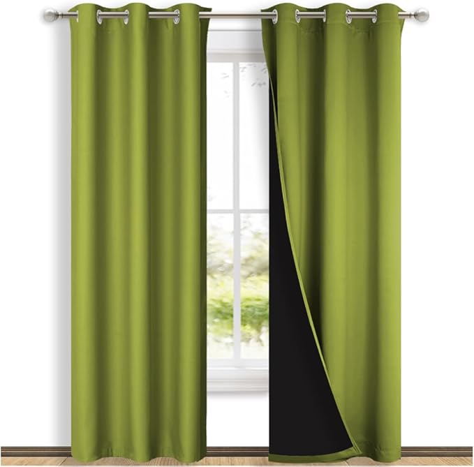 NICETOWN Fresh Green Full Shade Curtain Panels, 37" Wide x 84" Long, Pair of Thermal Insulated & Energy Efficiency Blackout Drapes for Living Room Windows, Lined Silky Performance Window Dressing