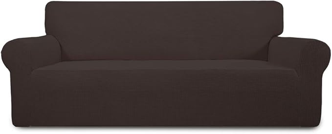 Easy-Going Stretch 4 Seater Sofa Slipcover 1-Piece Sofa Cover Furniture Protector Couch Soft with Elastic Bottom for Kids, Polyester Spandex Jacquard Fabric Small Checks Chocolate
