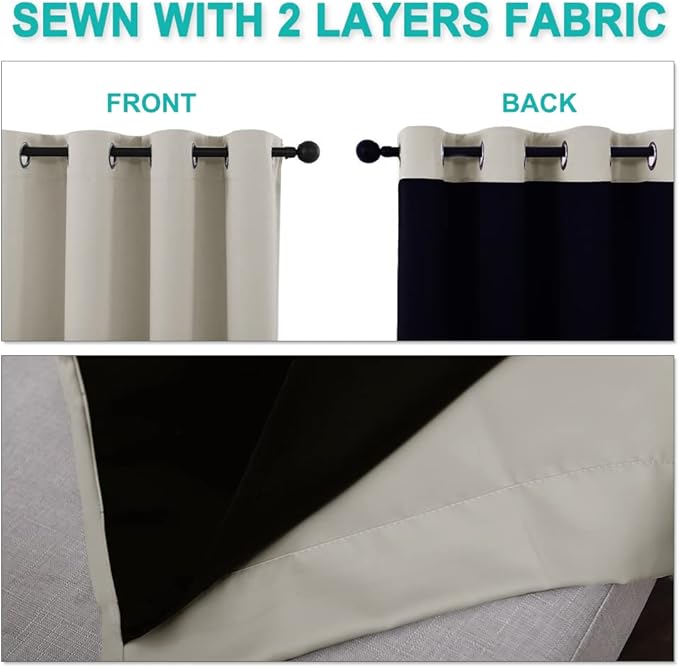 NICETOWN Full Shading Curtains for Windows, Super Heavy-Duty Black Lined Blackout Curtains for Bedroom, Privacy Assured Window Treatment (Natural, Pack of 2, 52 inches W x 95 inches L)
