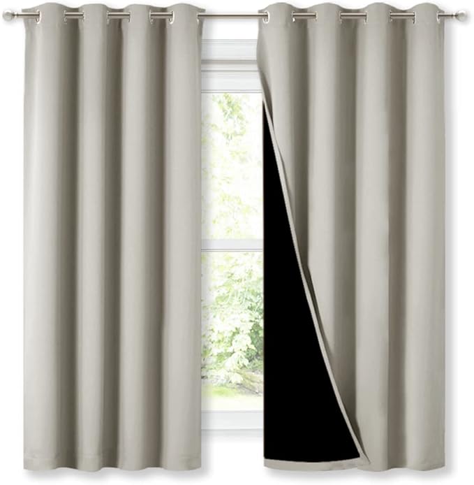 NICETOWN Extra Long Truly Blackout Drapes for Hall and Villa, 46-inch Width Each Panel, 45-inch Length, Natural, 2 Pieces, 100% Blackout Window Curtain Panels with Black Lined for Night Shift Worker